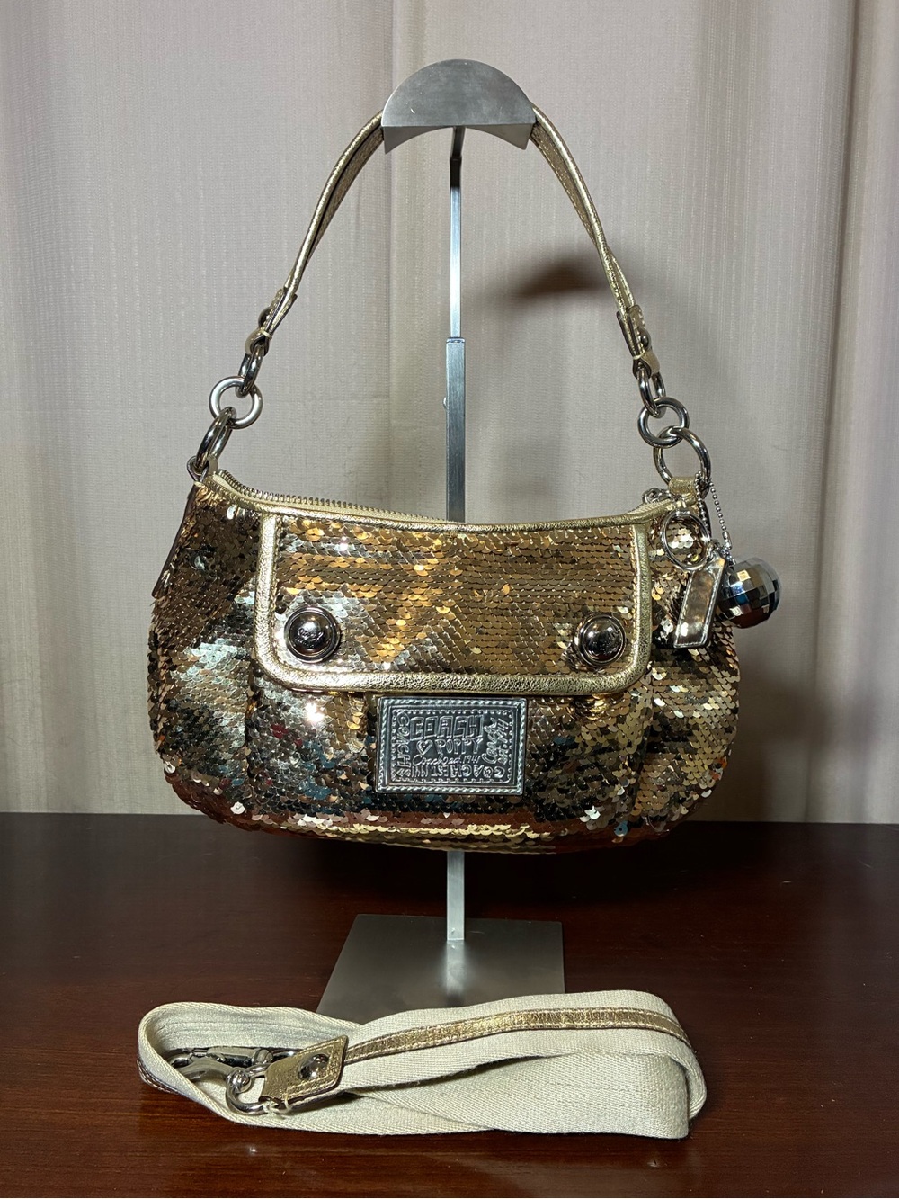 Coach Poppy Gold Sequin Groovy Hobo Shoulder Bag with Disco Ball Charm